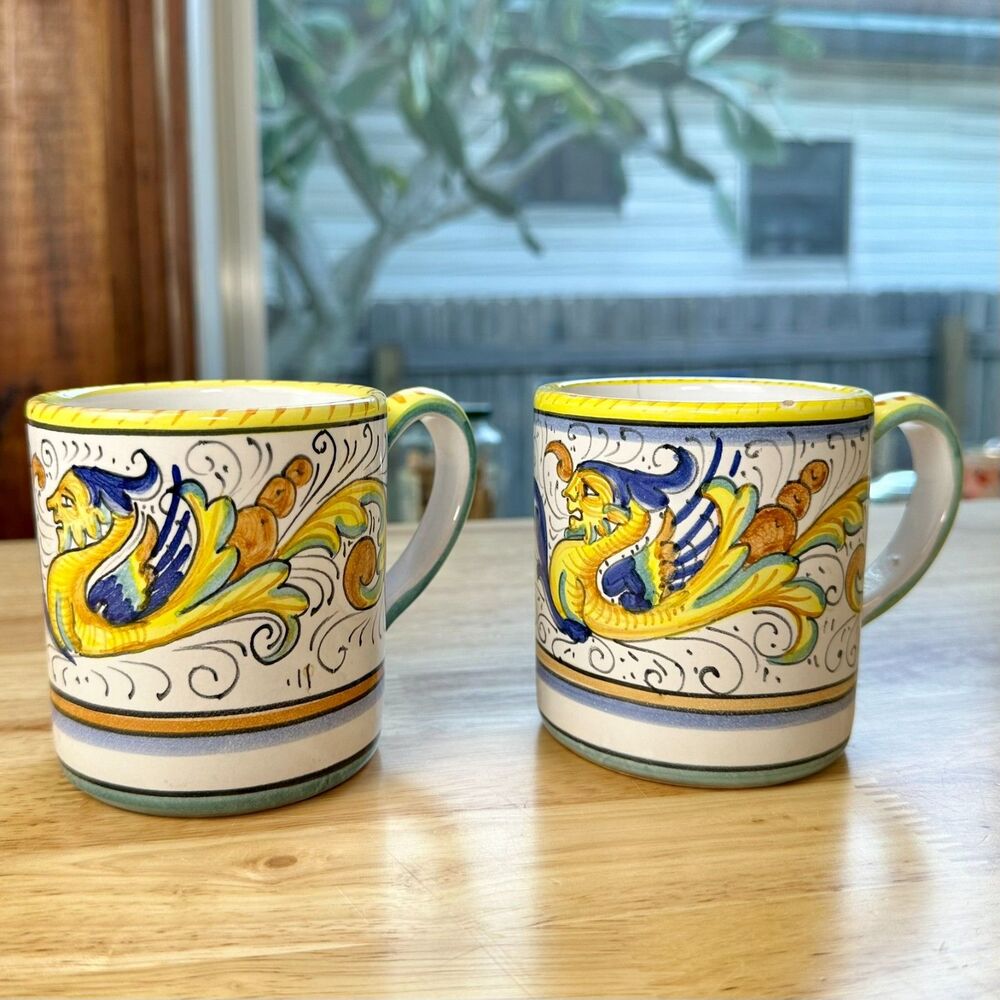 2 Raffallesco Deruta Dragon Hand-Painted Coffee Mugs Italian Ceramic Pottery